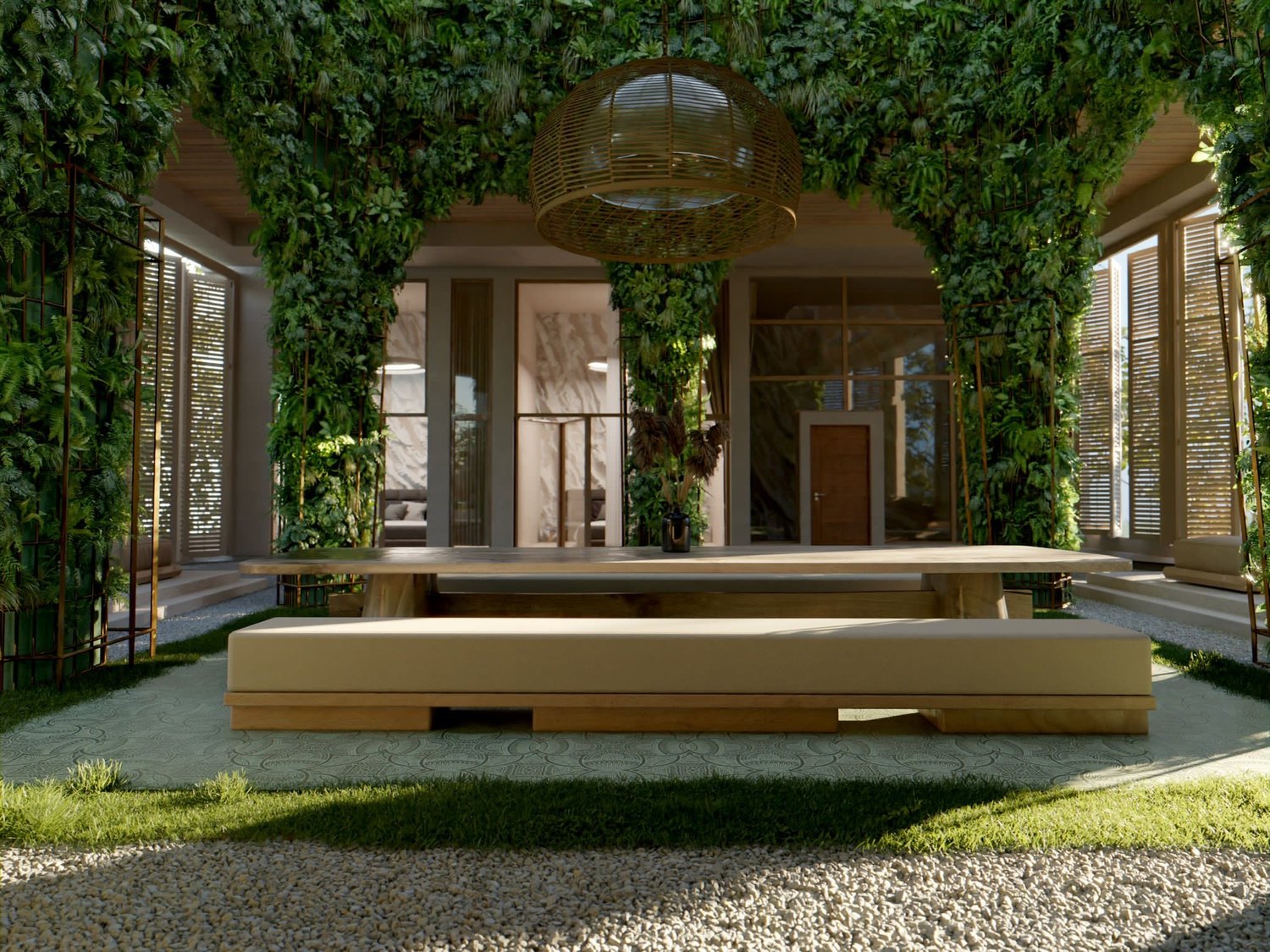 The garden room, its arches grown in