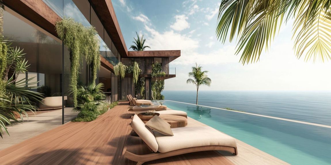 The pool deck, facing east over the infinity edge